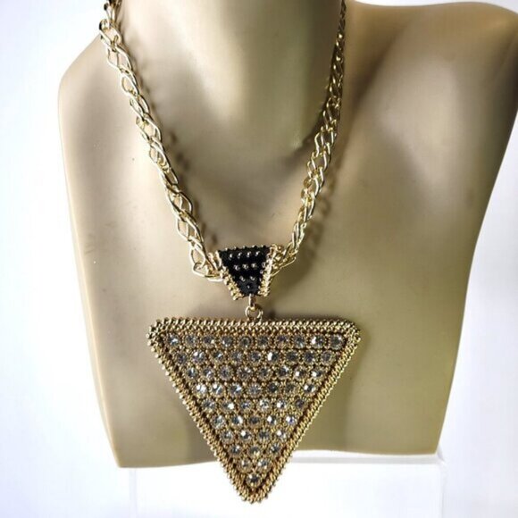 Gold and Crystal Triangular Pendant Bib Choker Necklace - Picture 2 of 13